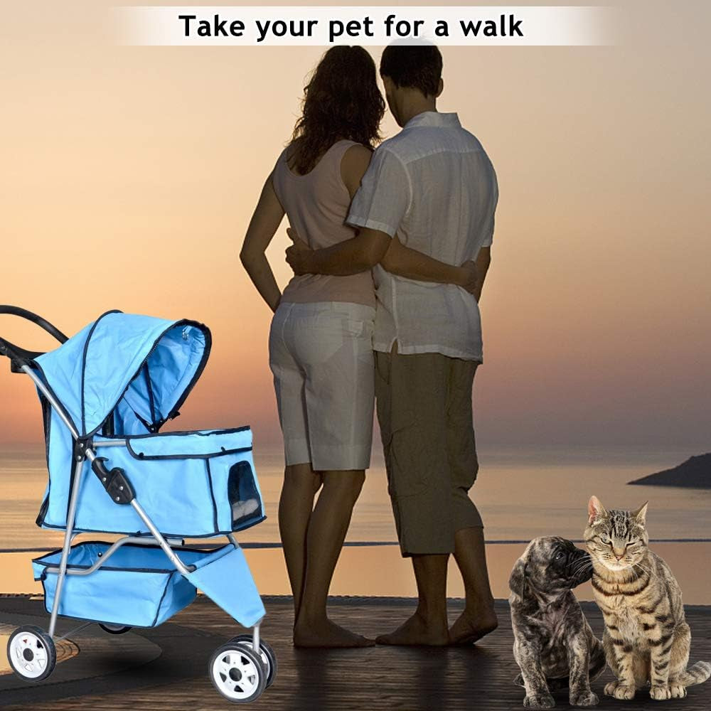 Stylish 3-Wheel Pet Stroller - Lightweight, Foldable & Perfect for Small to Medium Dogs and Cats - Breathable Mesh Canopy & Convenient Storage Basket in Blue