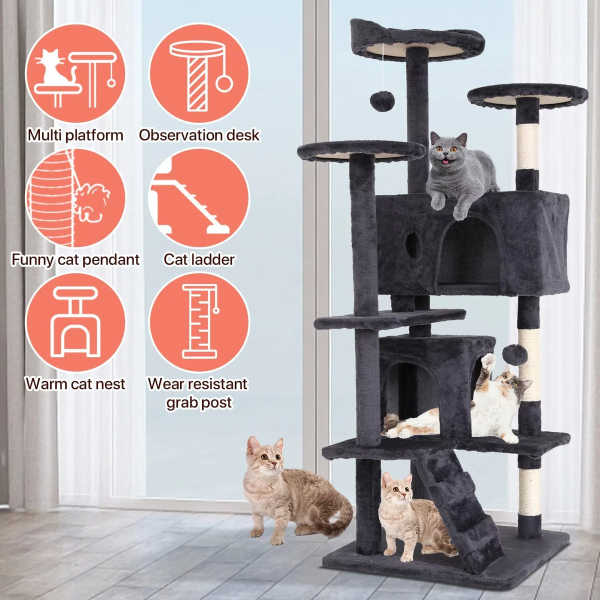 Delight Your Cat with the 54-Inch Double Condo Cat Tree Tower - A Stylish Playhouse with Scratching Posts and Perches!