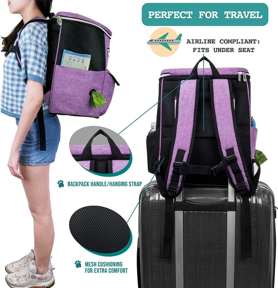 Ultimate Dog Travel Backpack - Airline Approved 27L Pet Supplies Bag in Stylish Purple