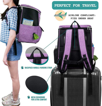 Ultimate Dog Travel Backpack - Airline Approved 27L Pet Supplies Bag in Stylish Purple