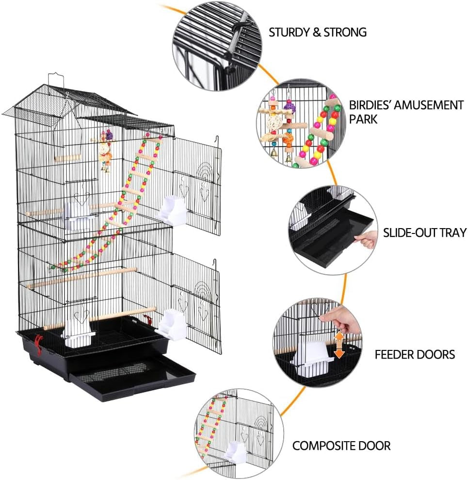 39" Roof Top Flight Cage with Toys, Wrought Iron Bird Cage for Cockatiels, Conures, Lovebirds, Budgies & Small Birds