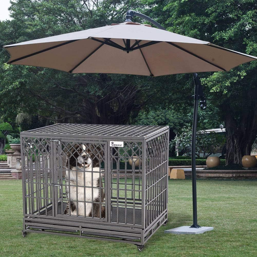 46" Heavy Duty Dog Crate Strong Metal Pet Kennel Playpen with Two Prevent Escape Lock, Large Dogs Cage with Wheels, Y Shape, Dark Silver …
