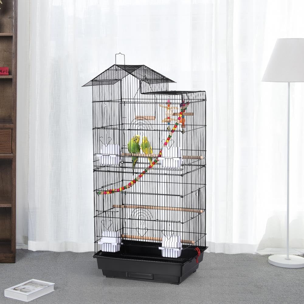 39" Roof Top Flight Cage with Toys, Wrought Iron Bird Cage for Cockatiels, Conures, Lovebirds, Budgies & Small Birds