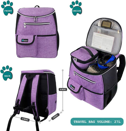Ultimate Dog Travel Backpack - Airline Approved 27L Pet Supplies Bag in Stylish Purple
