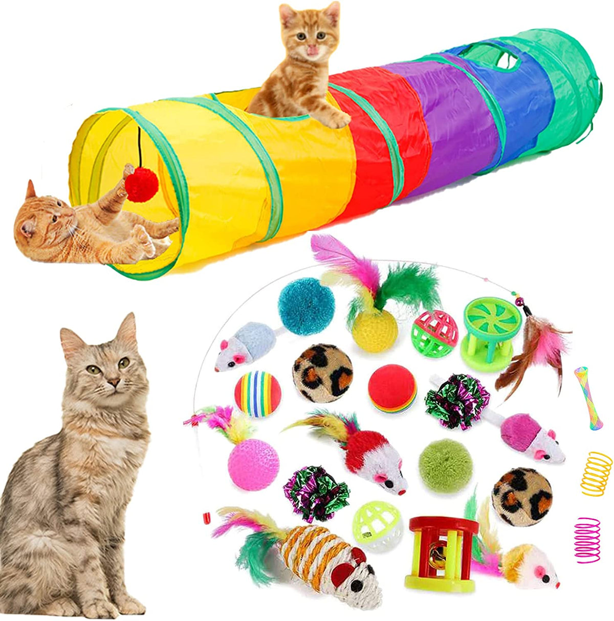 Ultimate 32-Piece Cat Toy Collection: Interactive Fun with Rainbow Tunnel, Feather Wands, and More!