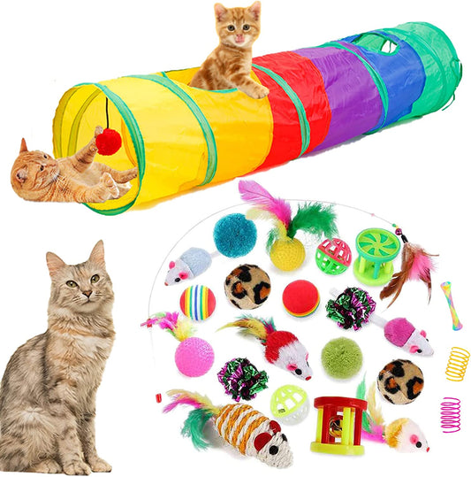 Ultimate 32-Piece Cat Toy Collection: Interactive Fun with Rainbow Tunnel, Feather Wands, and More!