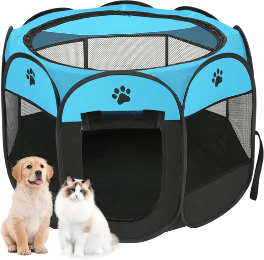 Pet Cat Playpen for Indoor Cats Enclosed, Portable Foldable Dog Playpen Outdoor with Zipper Top Cover Door for Dogs, Cats, Small Animals(M 35" * 35" * 24", Blue)