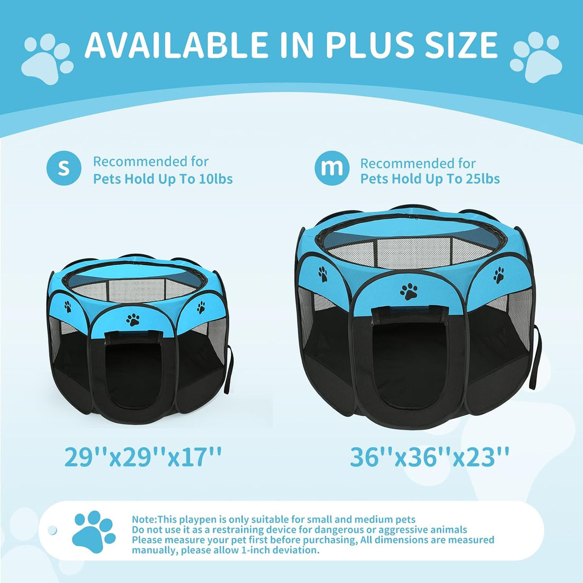 Pet Cat Playpen for Indoor Cats Enclosed, Portable Foldable Dog Playpen Outdoor with Zipper Top Cover Door for Dogs, Cats, Small Animals(M 35" * 35" * 24", Blue)
