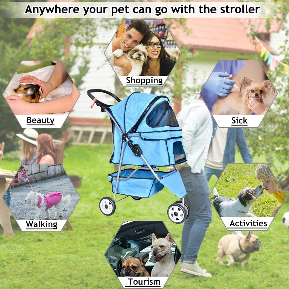 Stylish 3-Wheel Pet Stroller - Lightweight, Foldable & Perfect for Small to Medium Dogs and Cats - Breathable Mesh Canopy & Convenient Storage Basket in Blue