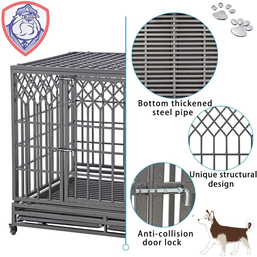 46" Heavy Duty Dog Crate Strong Metal Pet Kennel Playpen with Two Prevent Escape Lock, Large Dogs Cage with Wheels, Y Shape, Dark Silver …