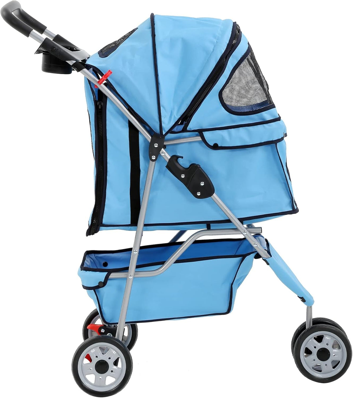 Stylish 3-Wheel Pet Stroller - Lightweight, Foldable & Perfect for Small to Medium Dogs and Cats - Breathable Mesh Canopy & Convenient Storage Basket in Blue