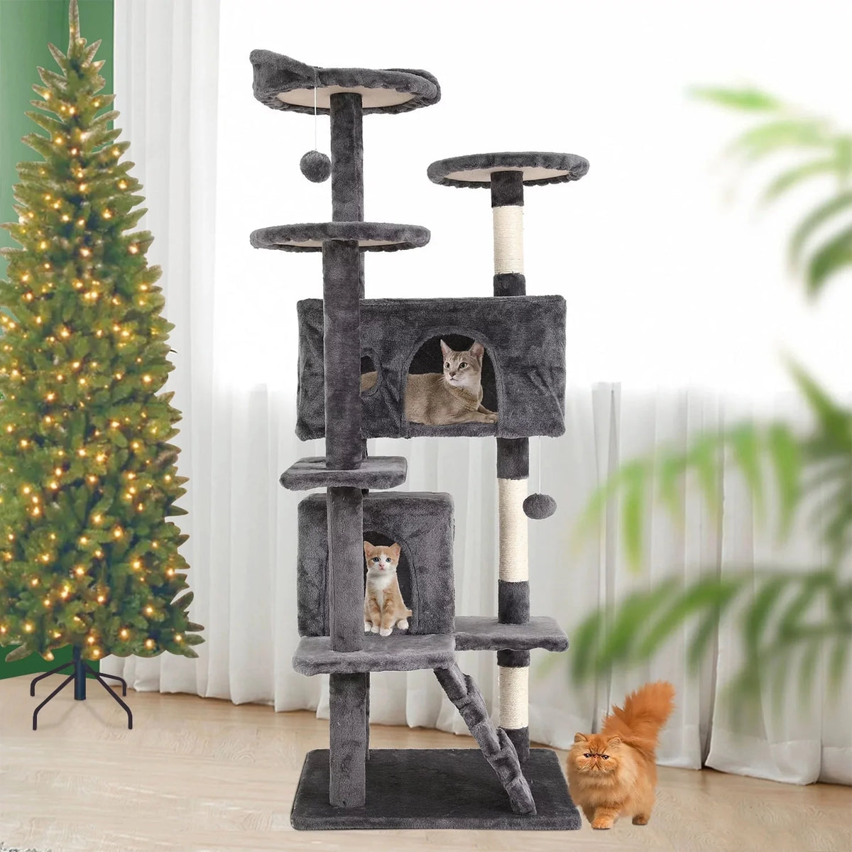 Delight Your Cat with the 54-Inch Double Condo Cat Tree Tower - A Stylish Playhouse with Scratching Posts and Perches!