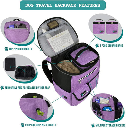 Ultimate Dog Travel Backpack - Airline Approved 27L Pet Supplies Bag in Stylish Purple