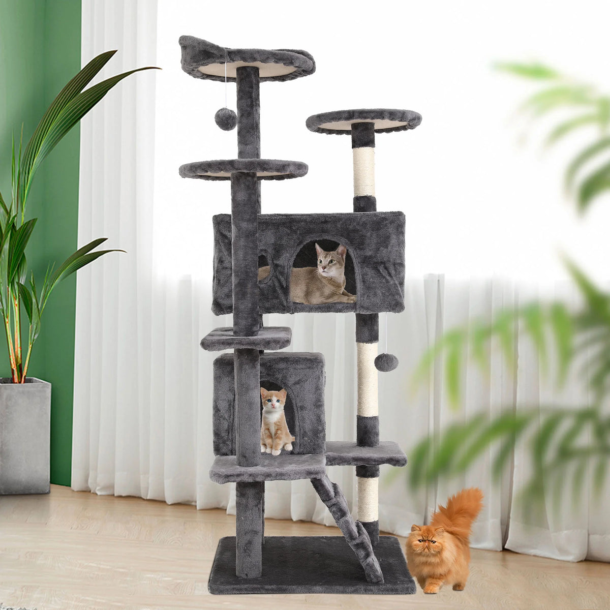 Delight Your Cat with the 54-Inch Double Condo Cat Tree Tower - A Stylish Playhouse with Scratching Posts and Perches!