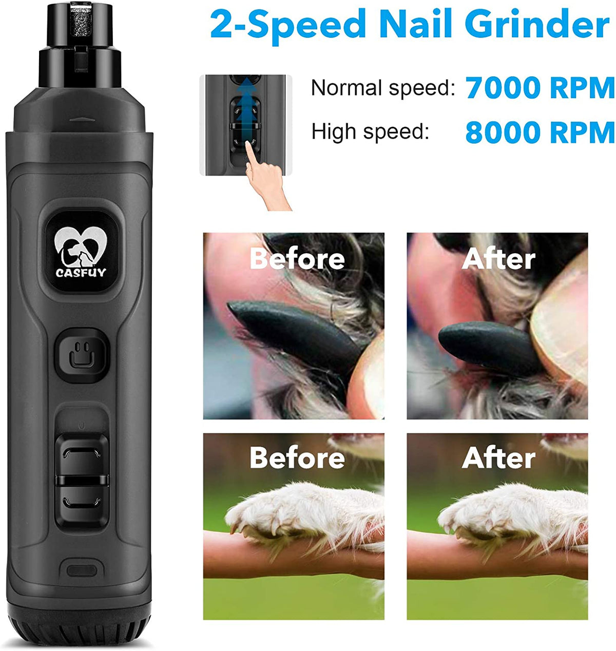 Transform Your Pet's Grooming Routine with the Casfuy Dog Nail Grinder - Powerful 2-Speed Electric Trimmer with LED Lights for Safe, Painless Nail Care for Dogs and Cats