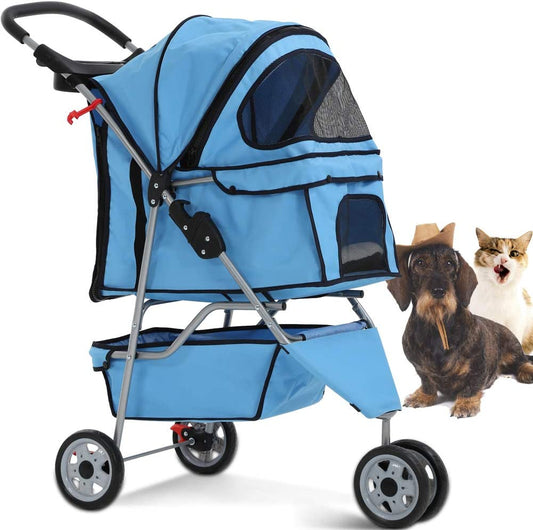 Stylish 3-Wheel Pet Stroller - Lightweight, Foldable & Perfect for Small to Medium Dogs and Cats - Breathable Mesh Canopy & Convenient Storage Basket in Blue