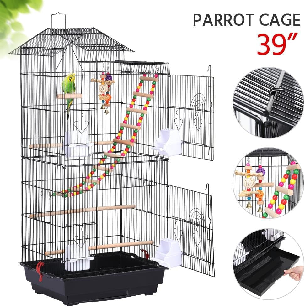 39" Roof Top Flight Cage with Toys, Wrought Iron Bird Cage for Cockatiels, Conures, Lovebirds, Budgies & Small Birds
