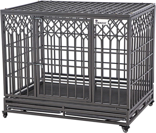 46" Heavy Duty Dog Crate Strong Metal Pet Kennel Playpen with Two Prevent Escape Lock, Large Dogs Cage with Wheels, Y Shape, Dark Silver …